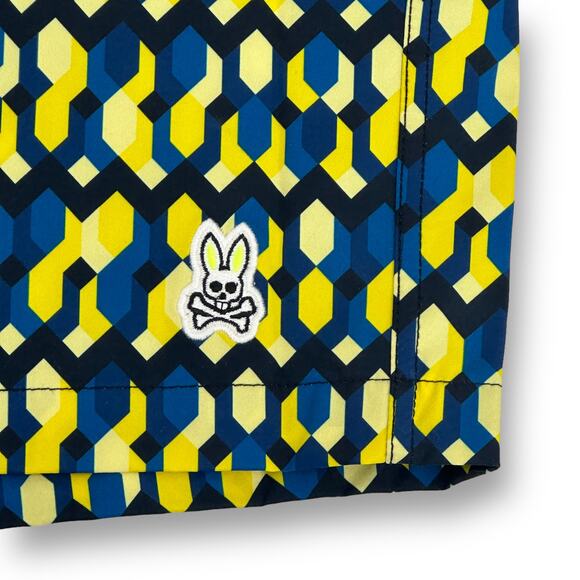 Psycho Bunny Everett Geometric Print Swim Trunks Big Tall Sz 6XL Blue Yellow 8" - Picture 2 of 6